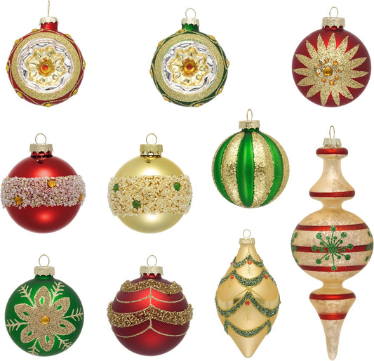 Valery Madelyn Glass Christmas Ornaments Set for Valentines Mardi Gras, 10ct Red Green Gold Mercury Blown Glass Christmas Tree Ball Decorations, Luxury Hanging Teardrop Finial Faceted Reflector Decor