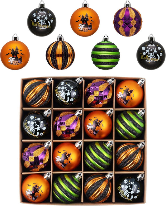 Valery Madelyn Halloween Ornaments Tree Decorations Indoor, 16ct 2 Inch Shatterproof Black Cat Castle Vintage Decorative Hanging Ball Ornaments Set for Tree, Cute Holiday Party Home Decor
