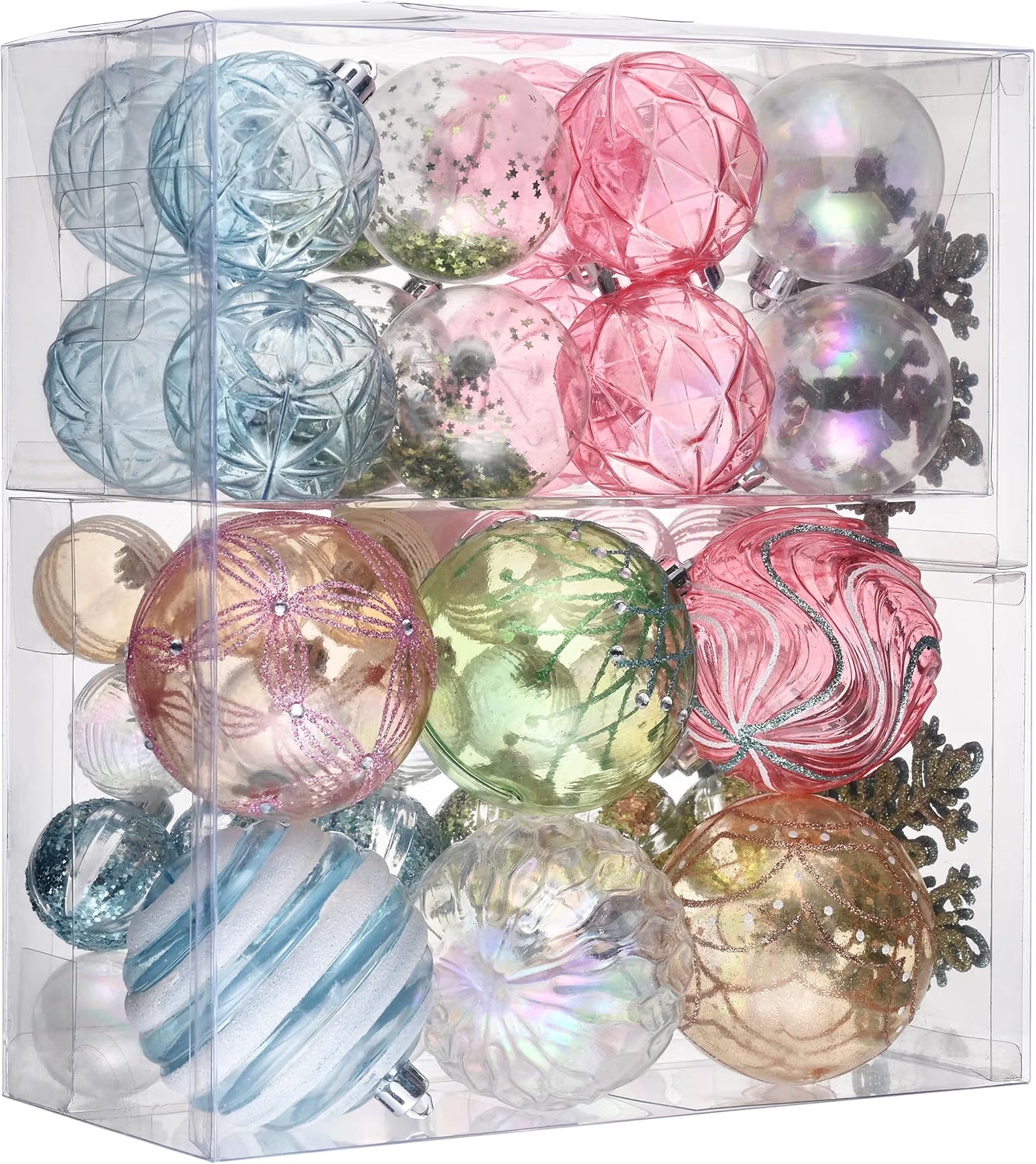 Valery Madelyn 50ct Christmas Ball Ornaments Tree Decorations Set Transparent Clear Candyland Macaron Pastel Shatterproof Hanging Ornaments, Variety Xmas Tree Bulk Indoor Holiday Party Decor