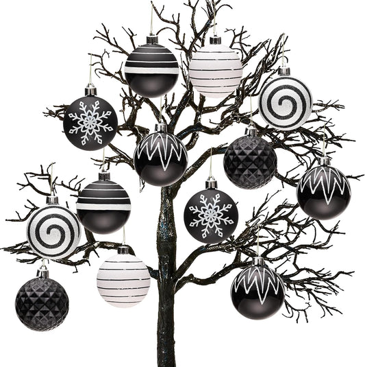 Valery Madelyn Halloween Ornaments Tree Decorations, 16ct Black and White Shatterproof Boho Christmas Ball Ornaments Set, 2 Inch Modern Decorative Hanging Ornament Bulk for Xmas Holiday Party Decor
