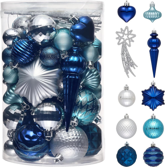 Valery Madelyn 60ct Christmas Tree Decorations Ball Ornament Set, Navy Blue Silver Shatterproof Hanging Ornaments Bulk for Xmas Holiday Party Decor