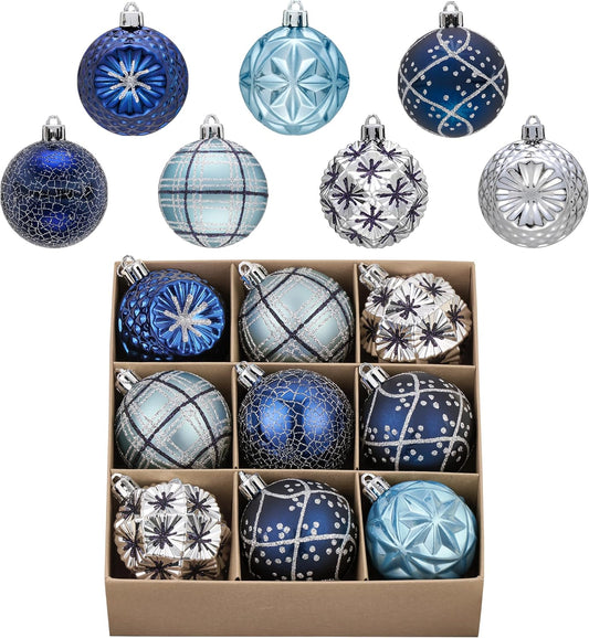 Valery Madelyn Ornaments for Christmas Trees, 9ct 2.36 Inches Navy Blue and Silver Shatterproof Christmas Tree Decorations, Luxury Hanging Ball Ornaments for Xmas Holiday Party Decor
