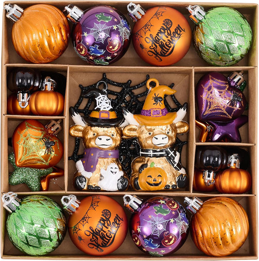 Valery Madelyn 30ct Halloween Ornaments Tree Decorations, Shatterproof Highland Cow Pumpkins Hearts Vintage Decorative Hanging Ball Ornaments Set for Small Tree, Cute Holiday Party Indoor Home Decor