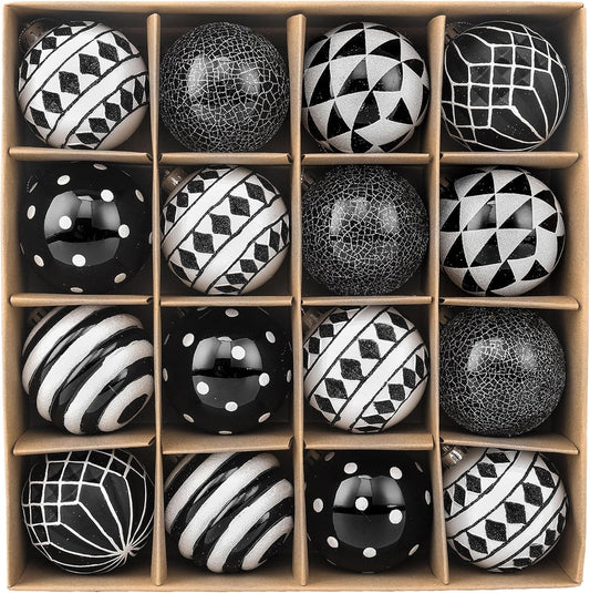 Valery Madelyn Large Halloween Ornaments Tree Decorations, 16ct Black White Boho Shatterproof Christmas Ball Ornaments Set, 2.36 Inch Boho Modern Hanging Ornament Bulk for Xmas Holiday Party Decor