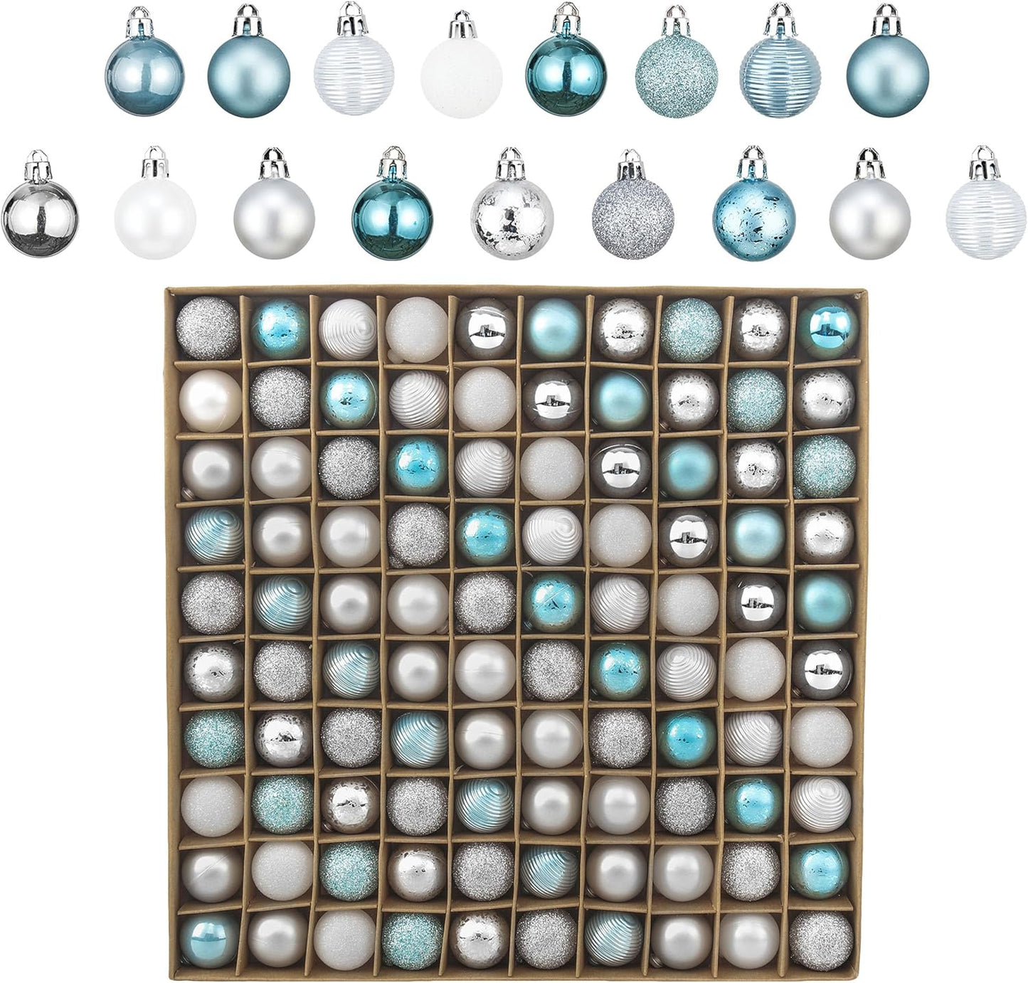 Valery Madelyn 100ct Mini Christmas Ornaments Tree Decorations Set, 1.18 Inches Light Blue Silver Shatterproof Summer Beach Coastal Ocean Nautical Marine Hanging Balls Bulk for Holiday Decor