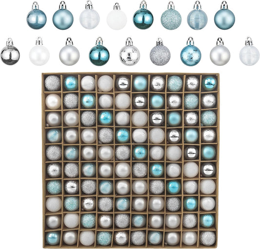Valery Madelyn 100ct Mini Christmas Ornaments Tree Decorations Set, 1.18 Inches Light Blue Silver Shatterproof Summer Beach Coastal Ocean Nautical Marine Hanging Balls Bulk for Holiday Decor