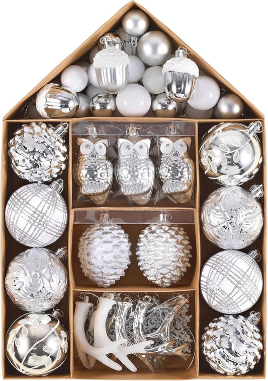 Valery Madelyn Ornaments for Christmas Trees, 70ct White and Silver Shatterproof Christmas Tree Decorations, Woodland Hanging Ball Ornaments Bulk for Thanksgiving Autumn Harvest Decor