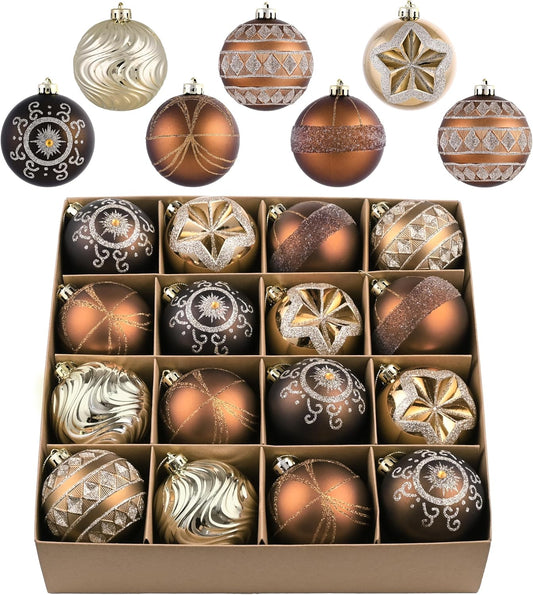 Valery Madelyn Ornaments for Christmas Tree Decorations, 16ct Bronze Copper and Gold Shatterproof Fall Christmas Tree Ornaments Set, 2.36 Inches Luxury Brown Hanging Ball Decor Bulk for Xmas