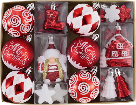 Valery Madelyn Christmas Ornaments Set, 50ct Red and White Shatterproof Christmas Tree Decorations Variety Ball Ornaments Bulk, Whimsical Hanging Ornaments for Xmas Holiday Party Decor