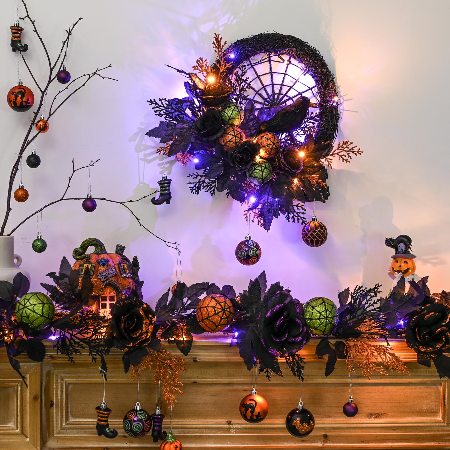 Valery Madelyn 6ft Pre-Lit Halloween Garland, Orange Purple Rose & Black Maple Leaves with Green Balls for Mantle Table Decor