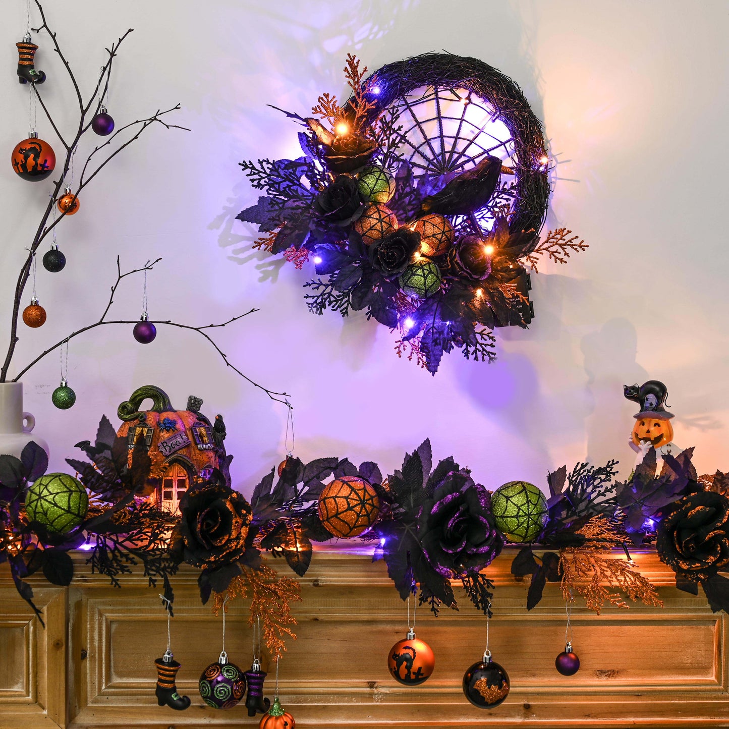 Valery Madelyn 6ft Pre-Lit Halloween Garland, Orange Purple Rose & Black Maple Leaves with Green Balls for Mantle Table Decor