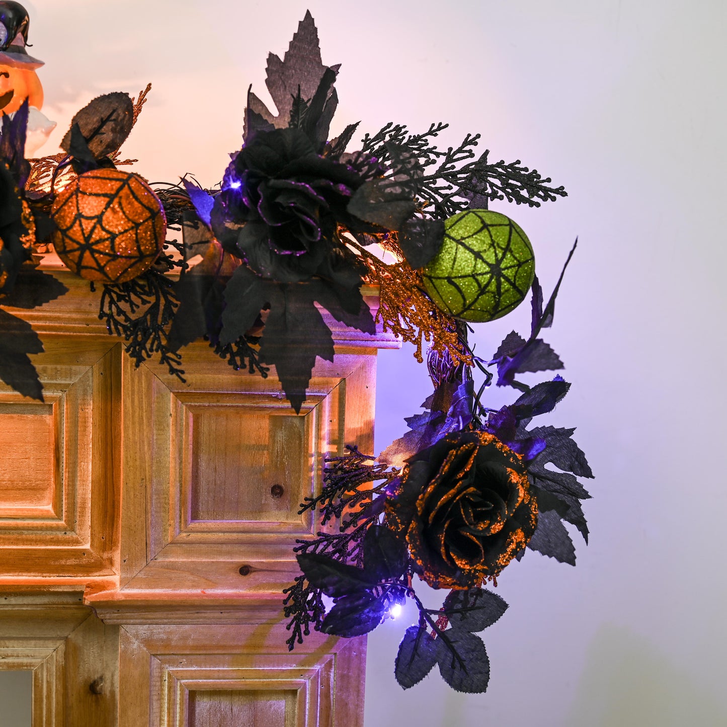 Valery Madelyn 6ft Pre-Lit Halloween Garland, Orange Purple Rose & Black Maple Leaves with Green Balls for Mantle Table Decor