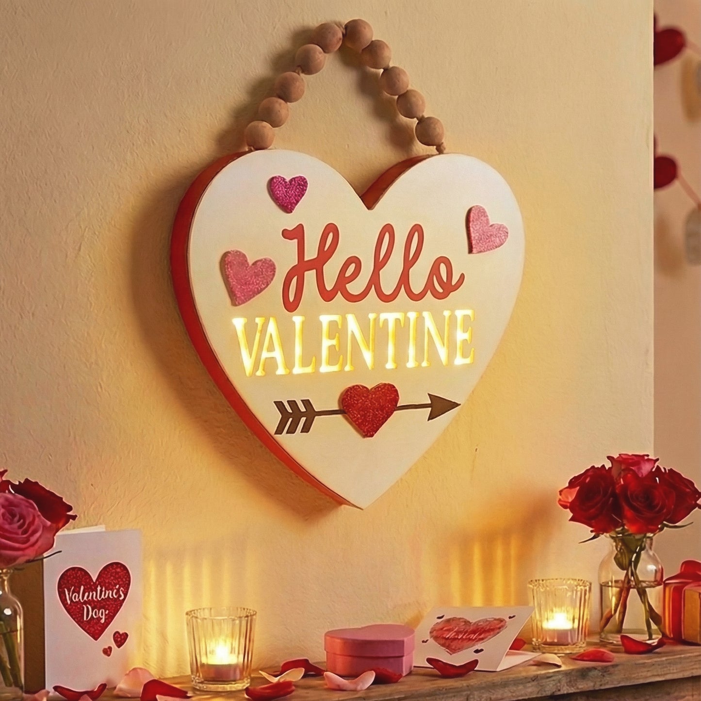 Valery Madelyn Valentines Day Decorations, Wooden Heart Decor with LED Light, Valentine Wreath for Front Door, Romantic Heart Decorations for Home Proposal Wedding Anniversary, 11 inch