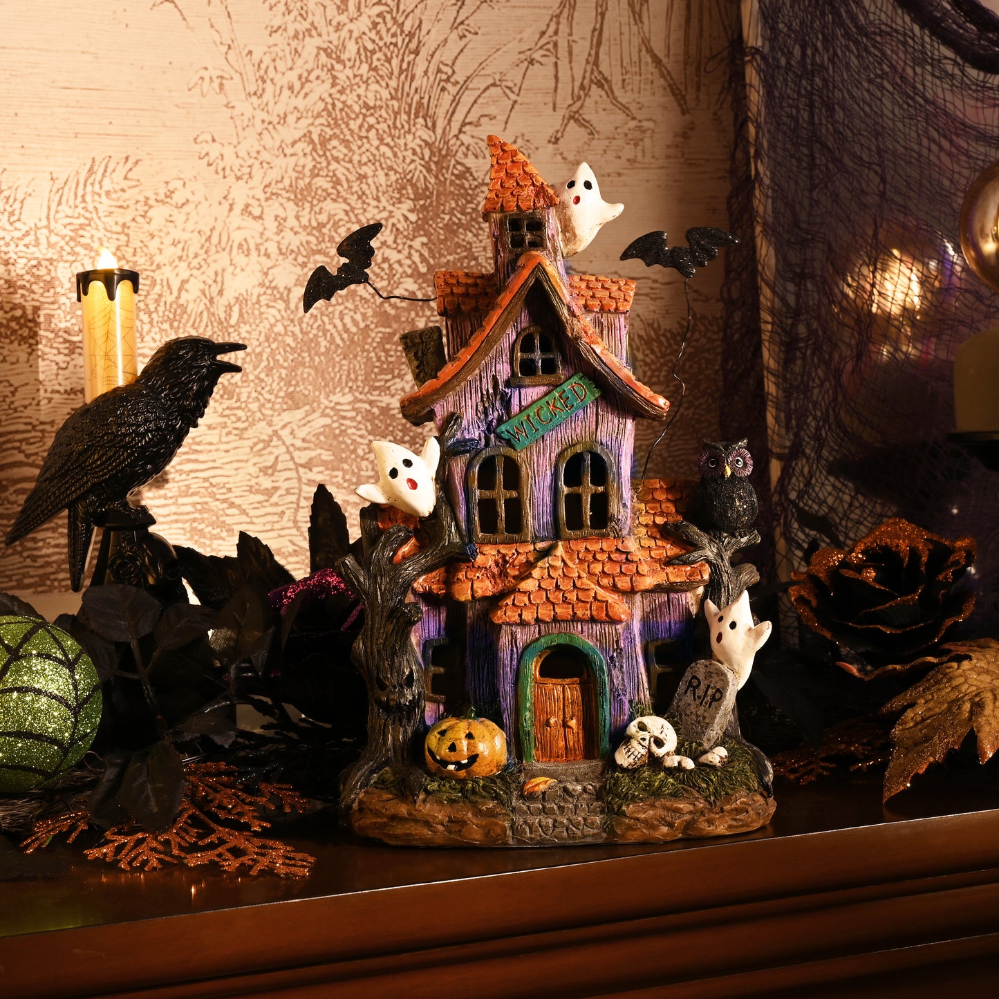 Valery Madelyn 12" Pre-Lit Haunted House, Resin Halloween Village for Home Party Table Mantel Decor