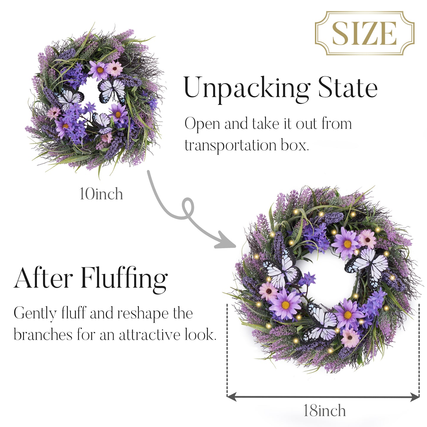 Valery Madelyn Summer Lavender Wreaths for Front Door with Lights, Artificial Spring Floral Wreath with Purple Bellflower Berries Butterfly for Fall Home Porch Window Party Wedding Wall Decor-18''