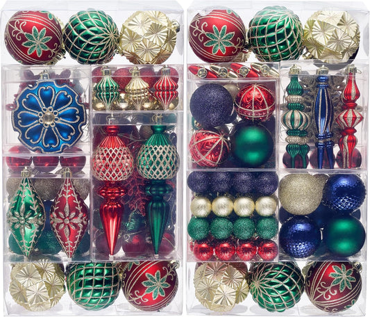 Valery Madelyn Christmas Tree Ornaments, 155ct Red Green Blue and Gold Shatterproof Christmas Tree Decorations, Elegant Hanging Ball Ornaments Bulk for Xmas Holiday Wedding Party Decor