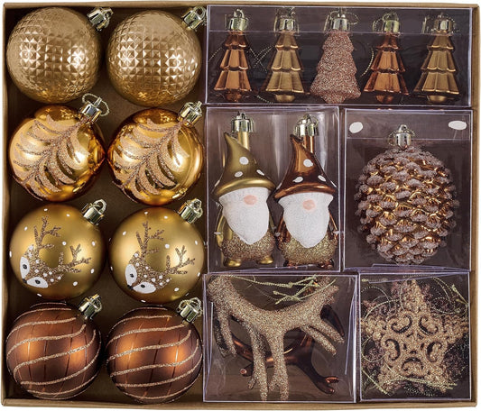 Valery Madelyn Christmas Ornaments Set, 40ct Brown Copper and Gold Shatterproof Christmas Tree Decorations, Woodland Bronze Gnome Deer Hanging Ball Ornaments Bulk