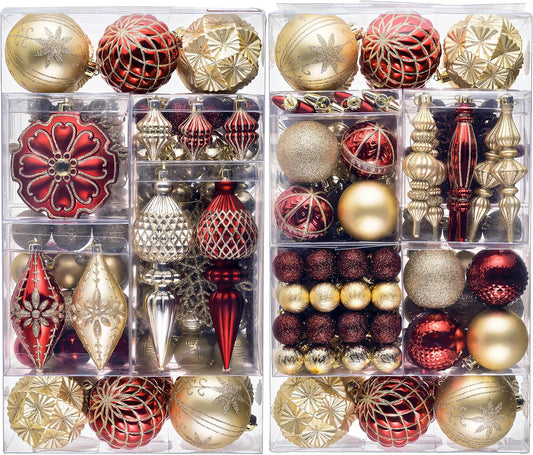 Valery Madelyn Christmas Tree Ornaments, 155ct Red and Gold Shatterproof Christmas Tree Decorations, Elegant Hanging Ball Ornaments Bulk for Xmas Holiday Wedding Party Decor