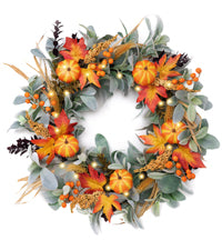 Valery Madelyn 24'' Collapsible Fall Wreaths for Front Door, Silk Lambs Ear Autumn Door Wreath with Lights Pumpkins Outdoor Fall Halloween Decorations for Home Porch Thanksgiving Harvest Table Decor
