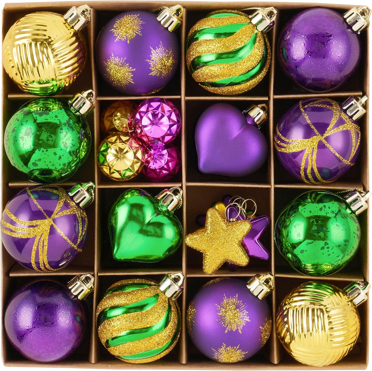 Valery Madelyn 28Pcs Mardi Gras Heart Shaped Ornaments Gift Pack, Christmas Craft Painted Tree Heart Decorations, Purple Green Gold Christmas Baubles Hanging Holiday Party Decor