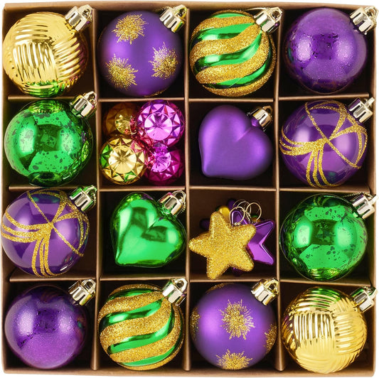 Valery Madelyn 28ct Christmas Tree Decorations Ornaments Set, Purple Green and Gold Shatterproof Christmas Ball Ornaments Hanging Decor for Valentines Day, Mardi Gras, St Patricks Day