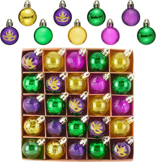 Valery Madelyn 25ct 1.18 Inches Mini Purple Christmas Ornaments Set for Mardi Gras Tree Decorations, Clear Transparent Puple Green and Gold Shatterproof Mask Mardi Gras Ball Hanging Party Decor