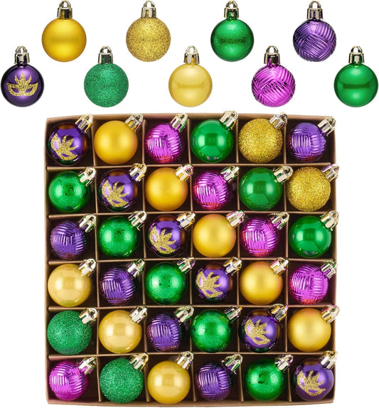 Valery Madelyn 36ct 1.18 Inches Mini Purple Christmas Ornaments Set for Mardi Gras Tree Decorations, Puple Green and Gold Shatterproof Mask Mardi Gras Ball Hanging Party Decor