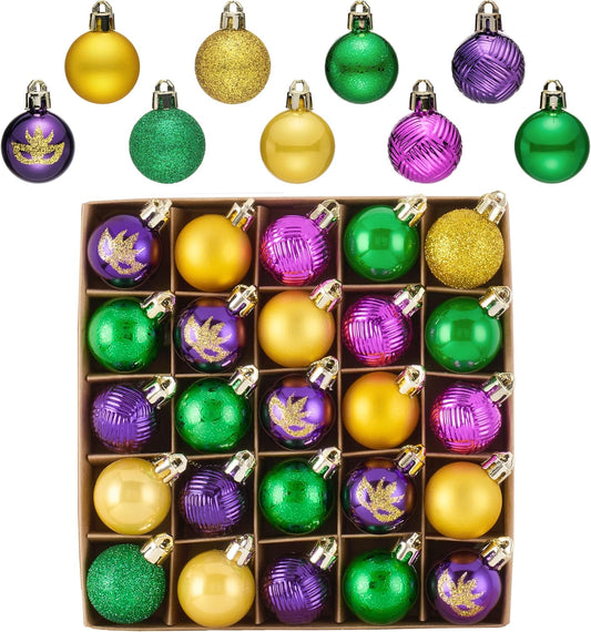 Valery Madelyn 25ct 1.18 Inches Mini Purple Christmas Ornaments Set for Mardi Gras Tree Decorations, Puple Green and Gold Shatterproof Mask Mardi Gras Ball Hanging Party Decor