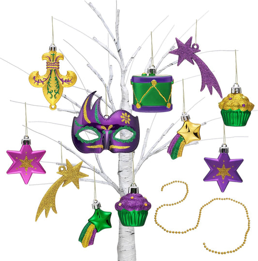 Valery Madelyn 12ct Purple Christmas Ornaments Set for Mardi Gras Tree Decorations, Puple Green and Gold Shatterproof Mask Garland Beads Mardi Gras Ball Ornaments Hanging Decor for Holiday Party