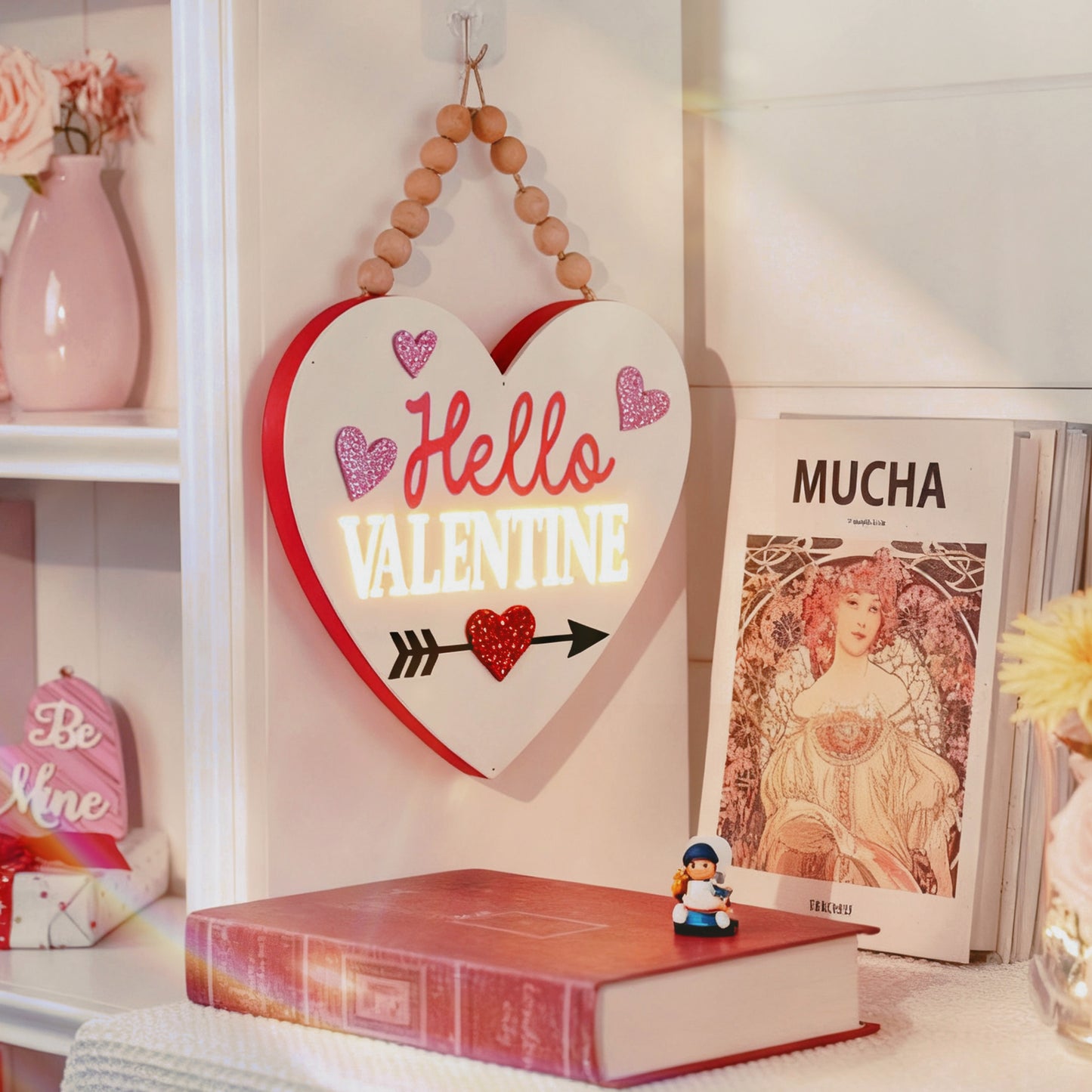 Valery Madelyn Valentines Day Decorations, Wooden Heart Decor with LED Light, Valentine Wreath for Front Door, Romantic Heart Decorations for Home Proposal Wedding Anniversary, 9 inch