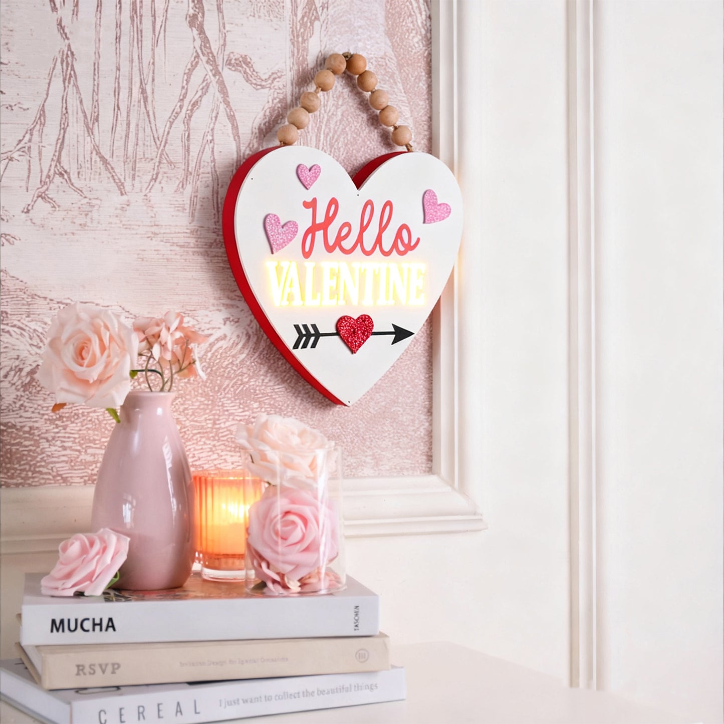 Valery Madelyn Valentines Day Decorations, Wooden Heart Decor with LED Light, Valentine Wreath for Front Door, Romantic Heart Decorations for Home Proposal Wedding Anniversary, 9 inch