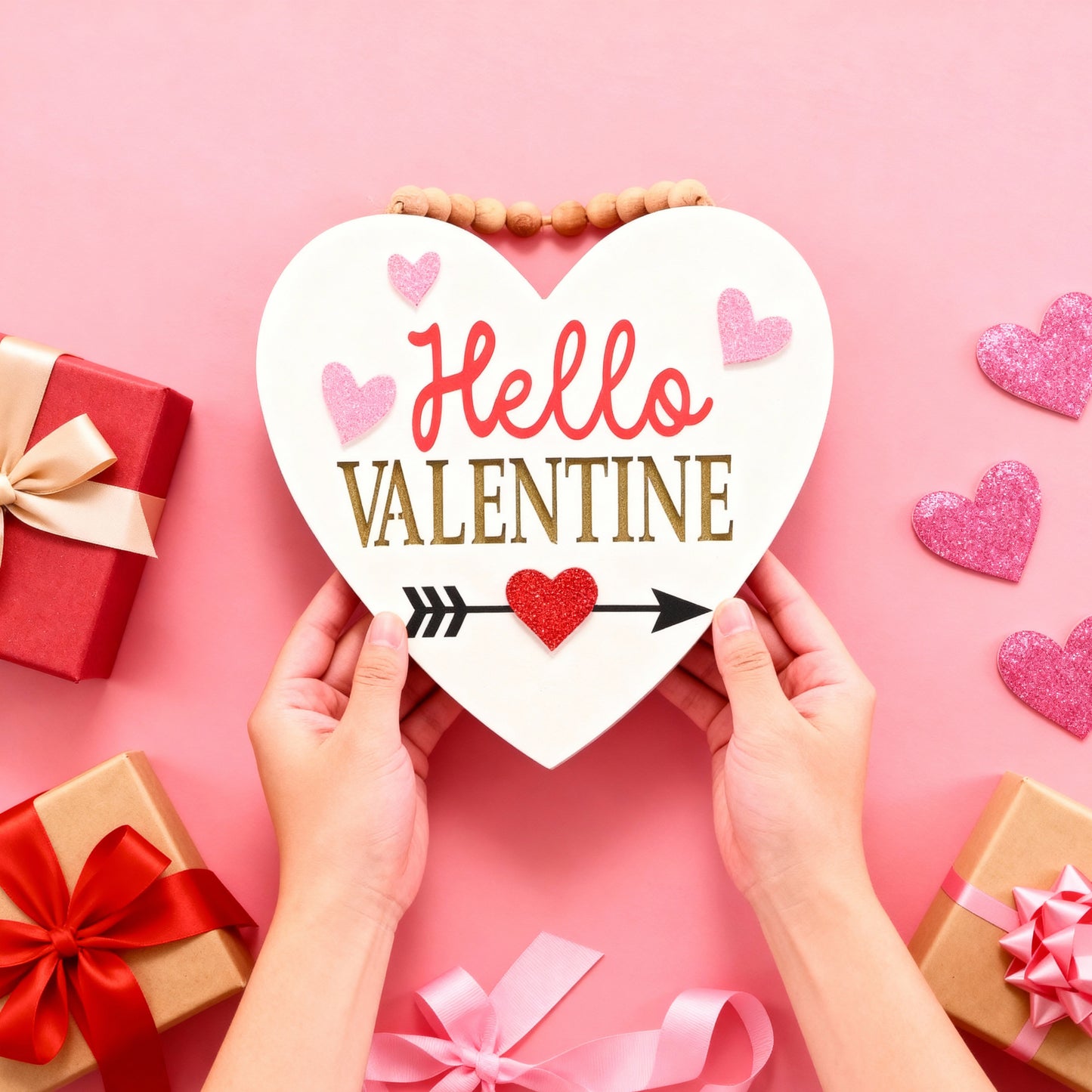 Valery Madelyn Valentines Day Decorations, Wooden Heart Decor with LED Light, Valentine Wreath for Front Door, Romantic Heart Decorations for Home Proposal Wedding Anniversary, 9 inch