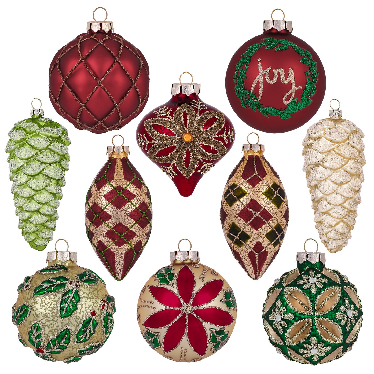 Valery Madelyn Glass Christmas Ornaments Set, 10ct Red Green and Gold Mercury Blown Glass Christmas Tree Ball Decorations, Traditional Country Xmas Hanging Teardrop Finial Bulk for Holiday Decor
