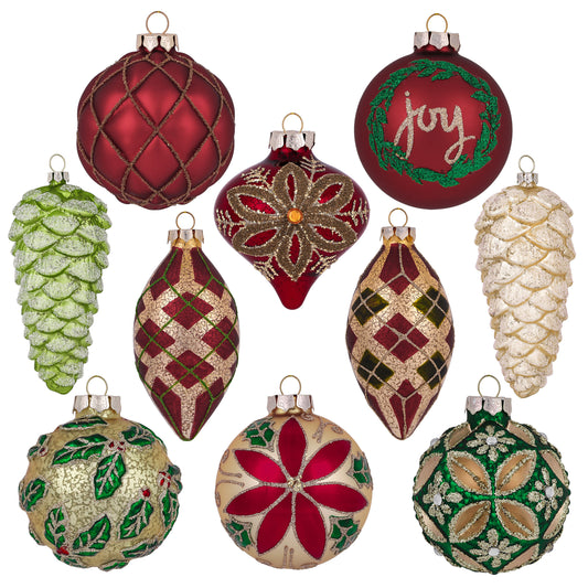 Valery Madelyn Glass Christmas Ornaments Set, 10ct Red Green and Gold Mercury Blown Glass Christmas Tree Ball Decorations, Traditional Country Xmas Hanging Teardrop Finial Bulk for Holiday Decor