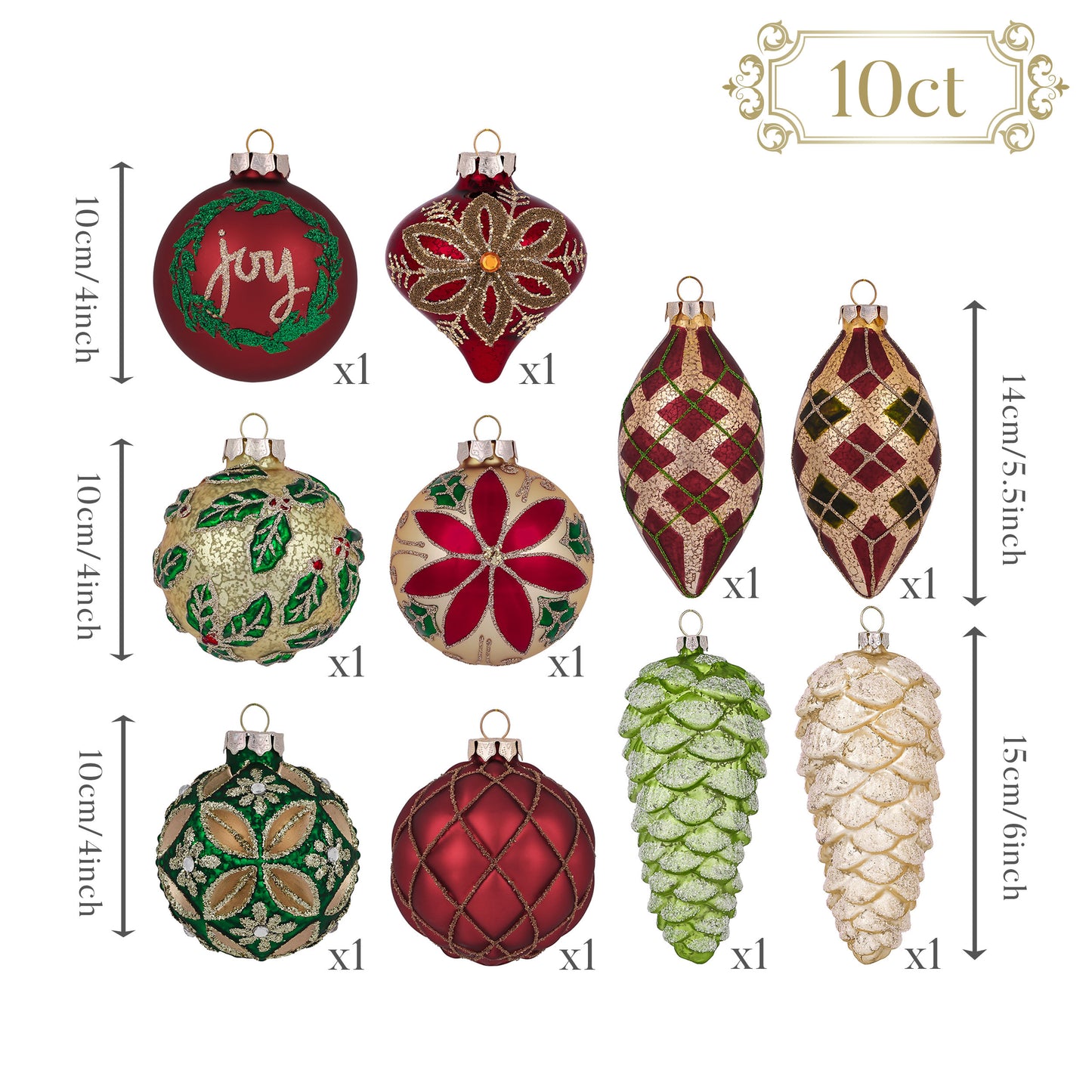Valery Madelyn Glass Christmas Ornaments Set, 10ct Red Green and Gold Mercury Blown Glass Christmas Tree Ball Decorations, Traditional Country Xmas Hanging Teardrop Finial Bulk for Holiday Decor