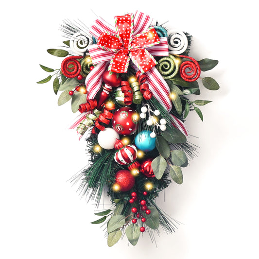 Valery Madelyn Pre-Lit Christmas Teardrop Swag for Decorating Outdoor, 24 Inch Elf Red Green Mailbox Swag Decoration with 20 LED Lights, Ball Ornaments for Front Door Stairway Window Shelf Xmas Decor