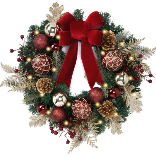 Valery Madelyn 20'' Pre-Lit Christmas Wreath for Front Door with Lights, Lighted Christmas Door Wreath with Red Good Balls Velvet Bow for Home Porch Fireplace Window Holiday Party Wall Decor