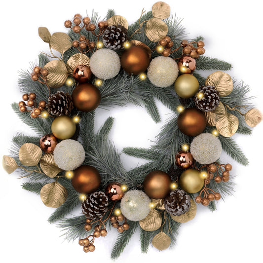 Valery Madelyn 20 Inch Pre-Lit Christmas Wreath for Front Door with Lights, Large Lighted Christmas Wreath with Bronze Copper Xmas Balls for Fireplace Window Outdoor Table Centerpiece Home Decoration
