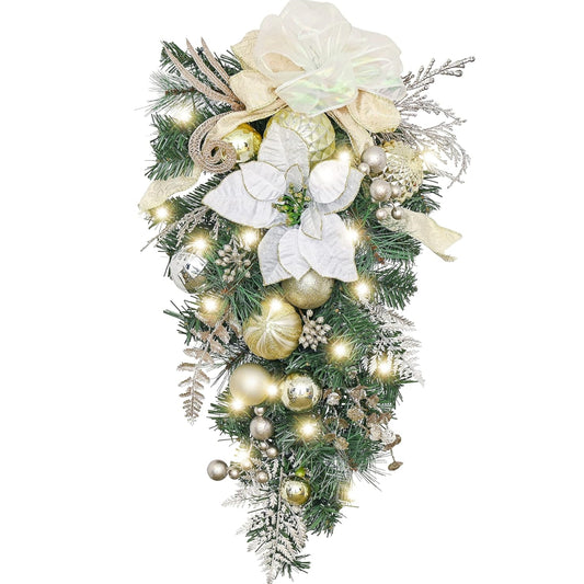 Valery Madelyn Pre-Lit Christmas Teardrop Swag for Decorating Outdoor, 24 Inch Mailbox Swag Decoration with White Gold Ball Ornament for Stairway Window Shelf Valentine’s Day Wedding Decor