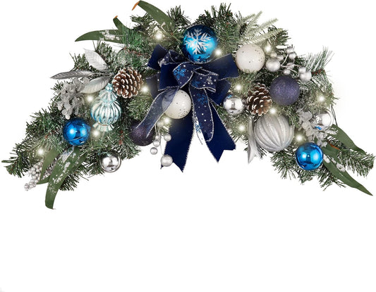 Valery Madelyn Pre-Lit Christmas Swag for Decorating Outdoor, 24 Inch Silver Blue Mailbox Swag Decoration Teardrop with 20 LED Lights, Ball Ornaments for Front Door Stairway Window Shelf Xmas Decor