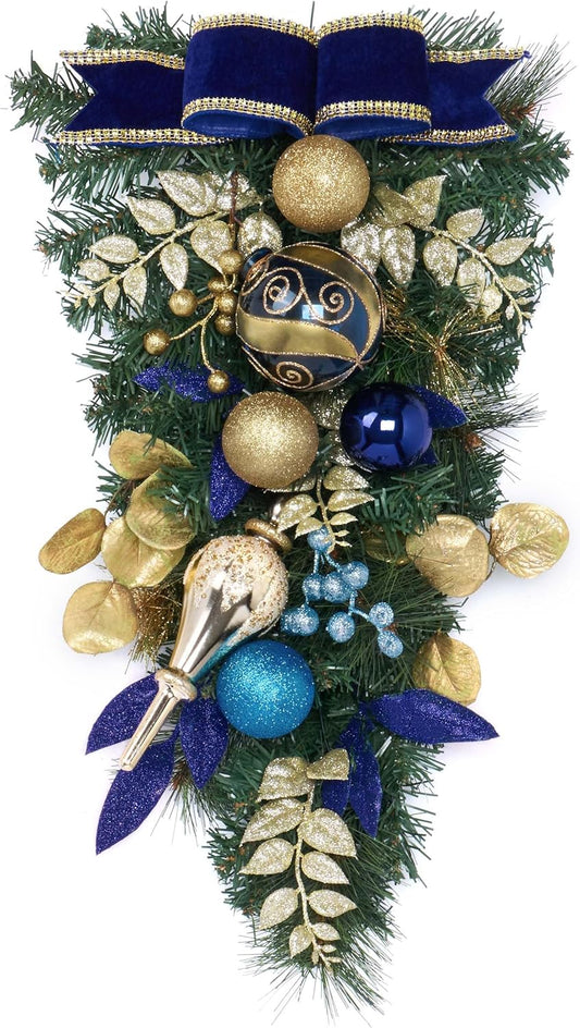 Valery Madelyn Pre-Lit Christmas Teardrop Swag for Decorating Outdoor, 24 Inch Mailbox Swag Decoration with 20 LED Lights, Silver Gold Ball Ornament Ribbon for Front Door Stairway Window Xmas Decor