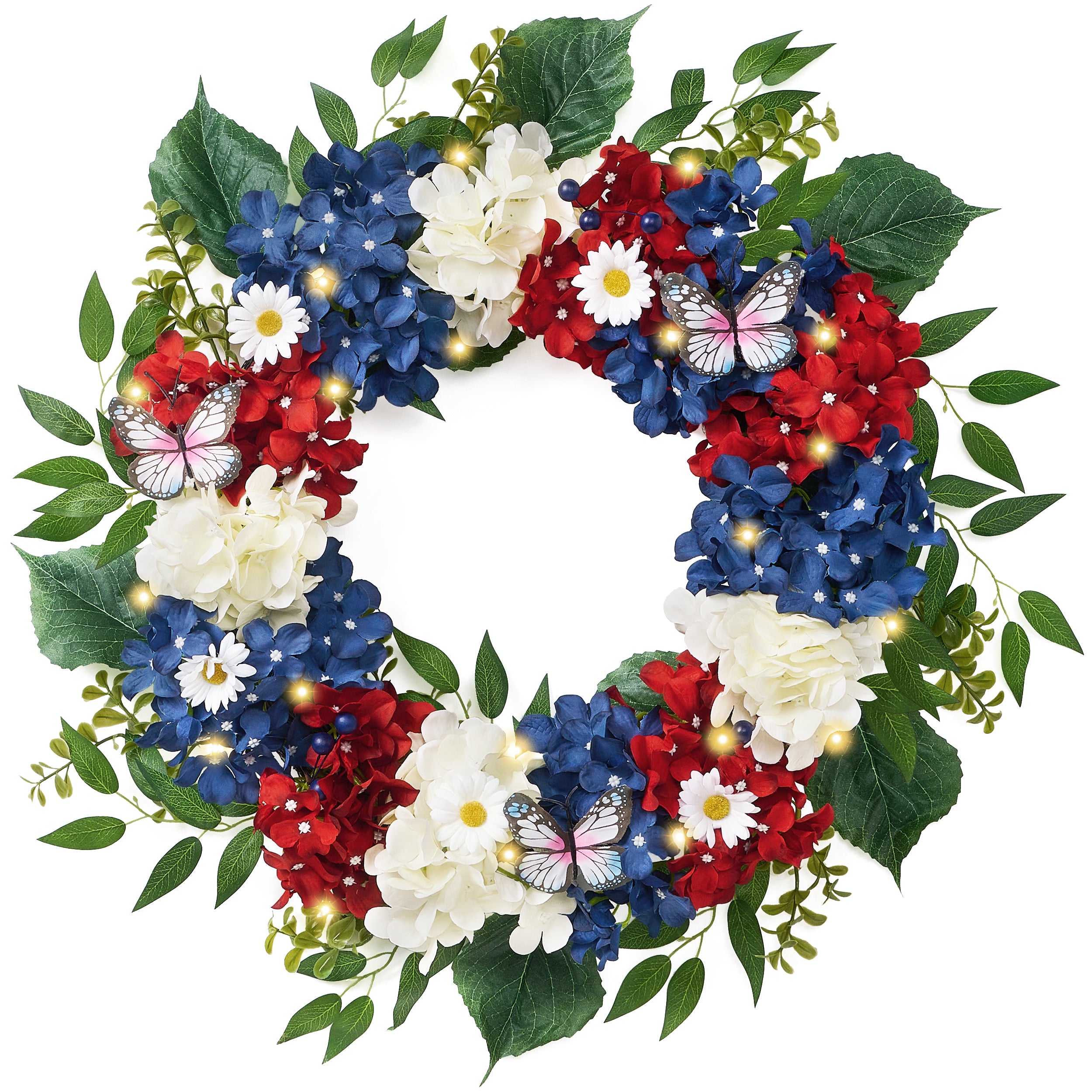 Valery Madelyn Patriotic Christmas Wreath for Front Door with Lights, 24 Inch Foldable Red White Blue 4th of July Wreath for Independence Memorial Day Decorations Americana Election Wall Home Decor