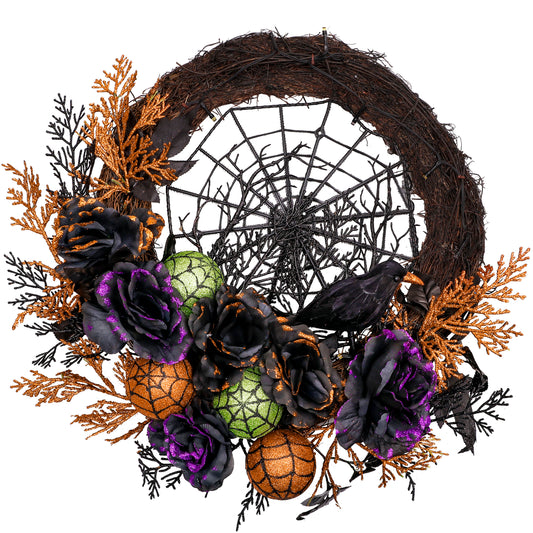 Valery Madelyn Halloween Wreath for Front Door with Lights, 24 Inch Pre-Lit Roses Crow Spider Webs Ball Ornaments Collapsible Halloween Wreath Decorations Indoor for Table Centerpiece Holiday Decor