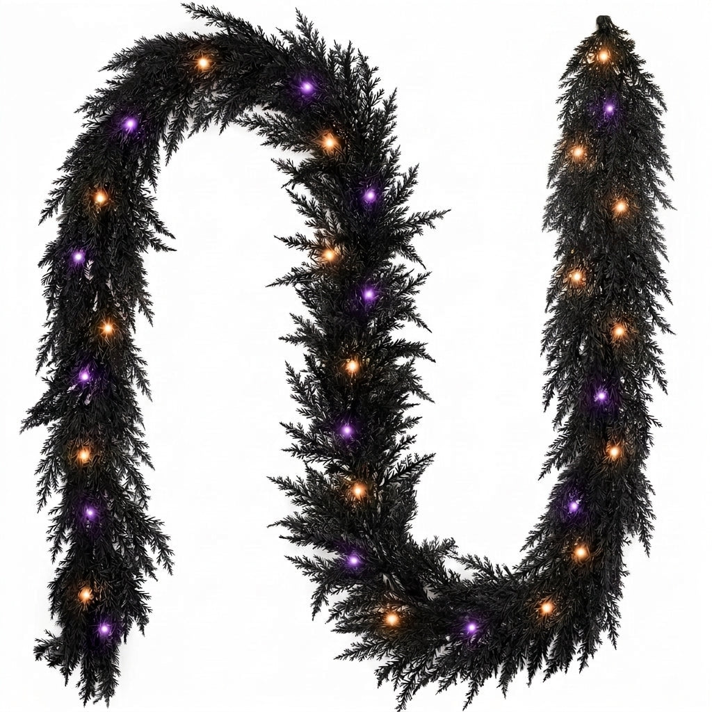 Valery Madelyn 9 Ft Artificial Norfolk Pine Garland for Mantle, Real Tough Halloween Garland with Light, Lighted Winter Pine Branches for Home Stairs Fireplace Table Indoor Outdoor Holiday Decor