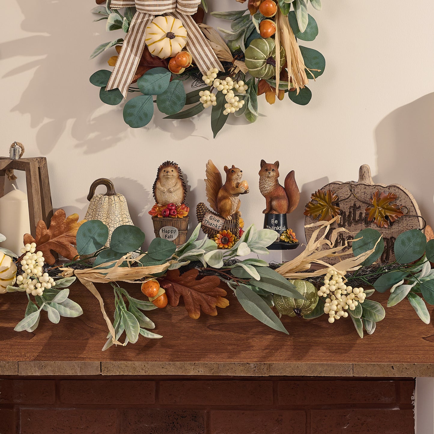 Valery Madelyn 6ft Fall Garland with Pumpkins & Lights, Lambs Ear Leaves for Mantel Table Fireplace Decor