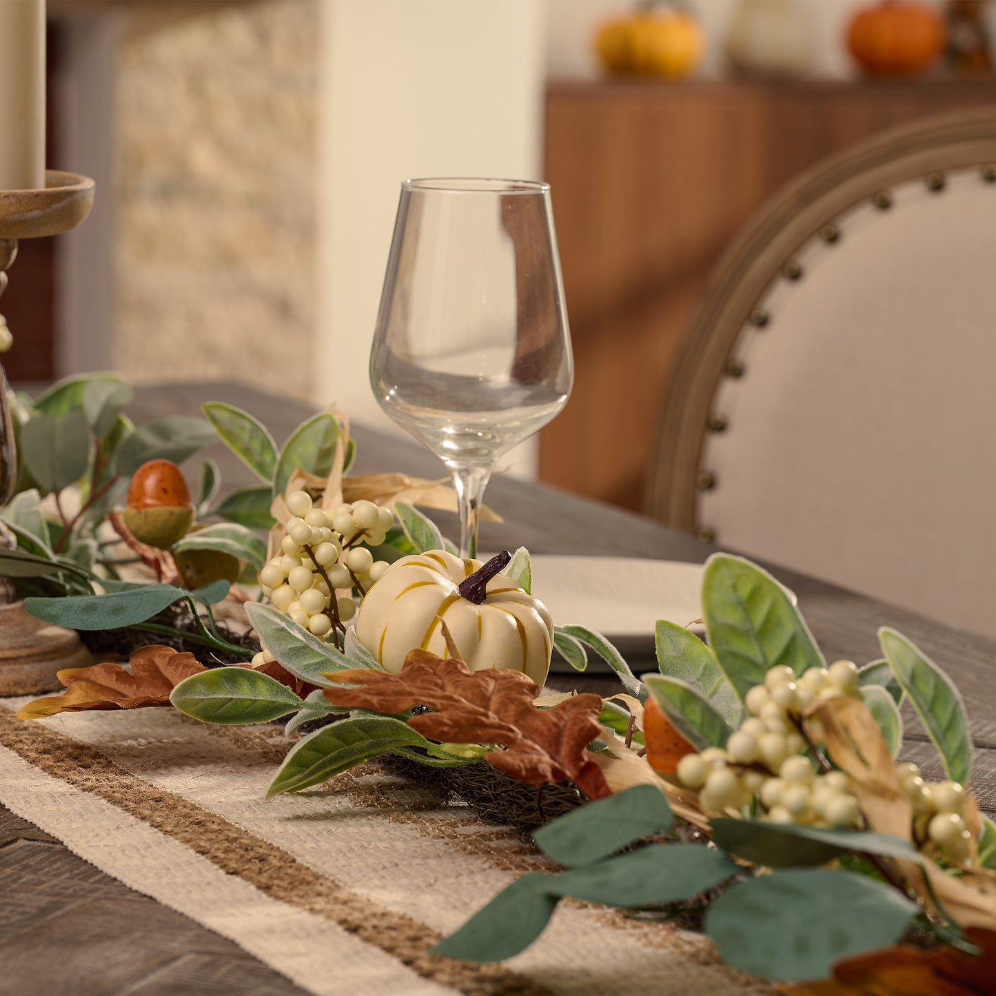 Valery Madelyn 6ft Fall Garland with Pumpkins & Lights, Lambs Ear Leaves for Mantel Table Fireplace Decor