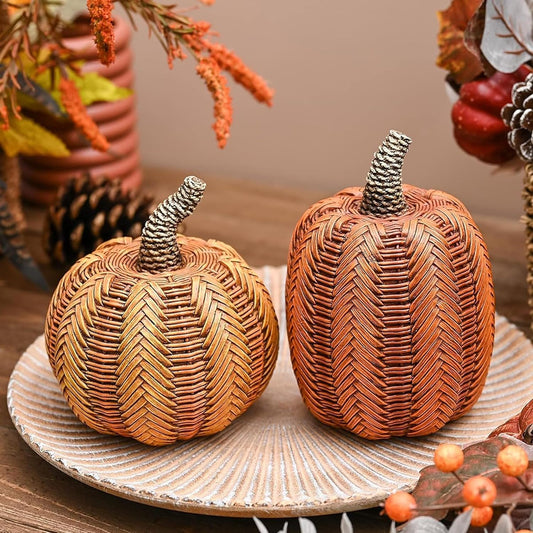Valery Madelyn Thanksgiving Fall Decoration for Home Pumpkin Decor, 2pcs Resin Statue Artificial Rattan Pumpkins Figurine, Autumn Harvest Halloween Table Centerpieces, 4.7 inch