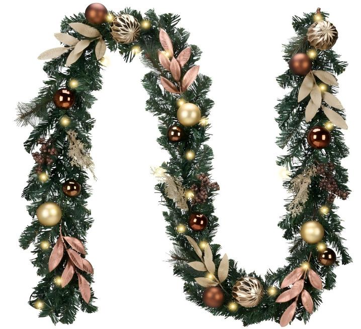 Valery Madelyn 9 Feet Pre-Lit Christmas Garland with Lights for Mantle, Lighted Outdoor Xmas Garland with Bronze Gold Copper Ball for Home Stairs Fireplace Table Centerpiece Indoor Holiday Party Decor