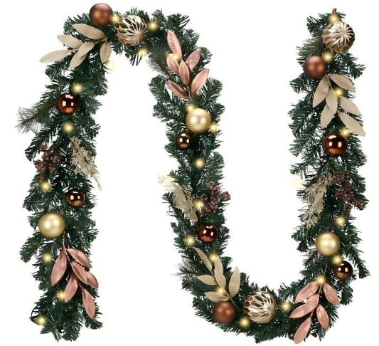 Valery Madelyn 9 Feet Pre-Lit Christmas Garland with Lights for Mantle, Lighted Outdoor Xmas Garland with Bronze Gold Copper Ball for Home Stairs Fireplace Table Centerpiece Indoor Holiday Party Decor