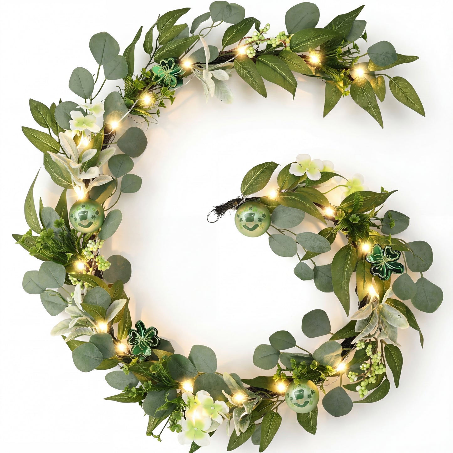 Valery Madelyn 6 Ft St Patrick's Day Garland Decorations with Lights, Artificial Spring Eucalyptus Garland for Mantle with Lucky Shamrock Clover Ornaments, Perfect Irish Festival Home Party Decor
